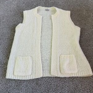 Vintage Townhouse Sweater Vest Womens Large White Open Knit Pockets Crew Neck
